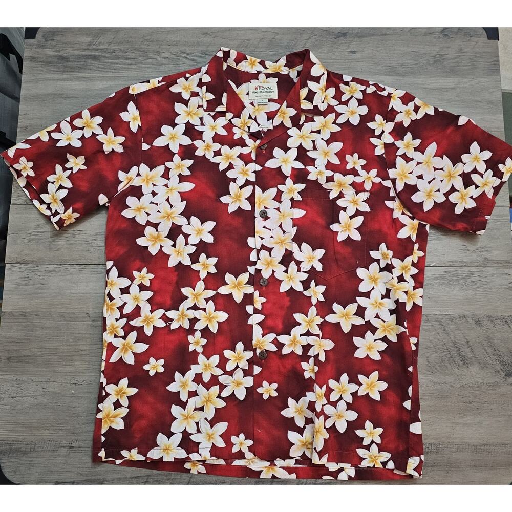 Royal Creations Red Hawaiian Shirt L With White Yellow Floral Print MADE IN USA